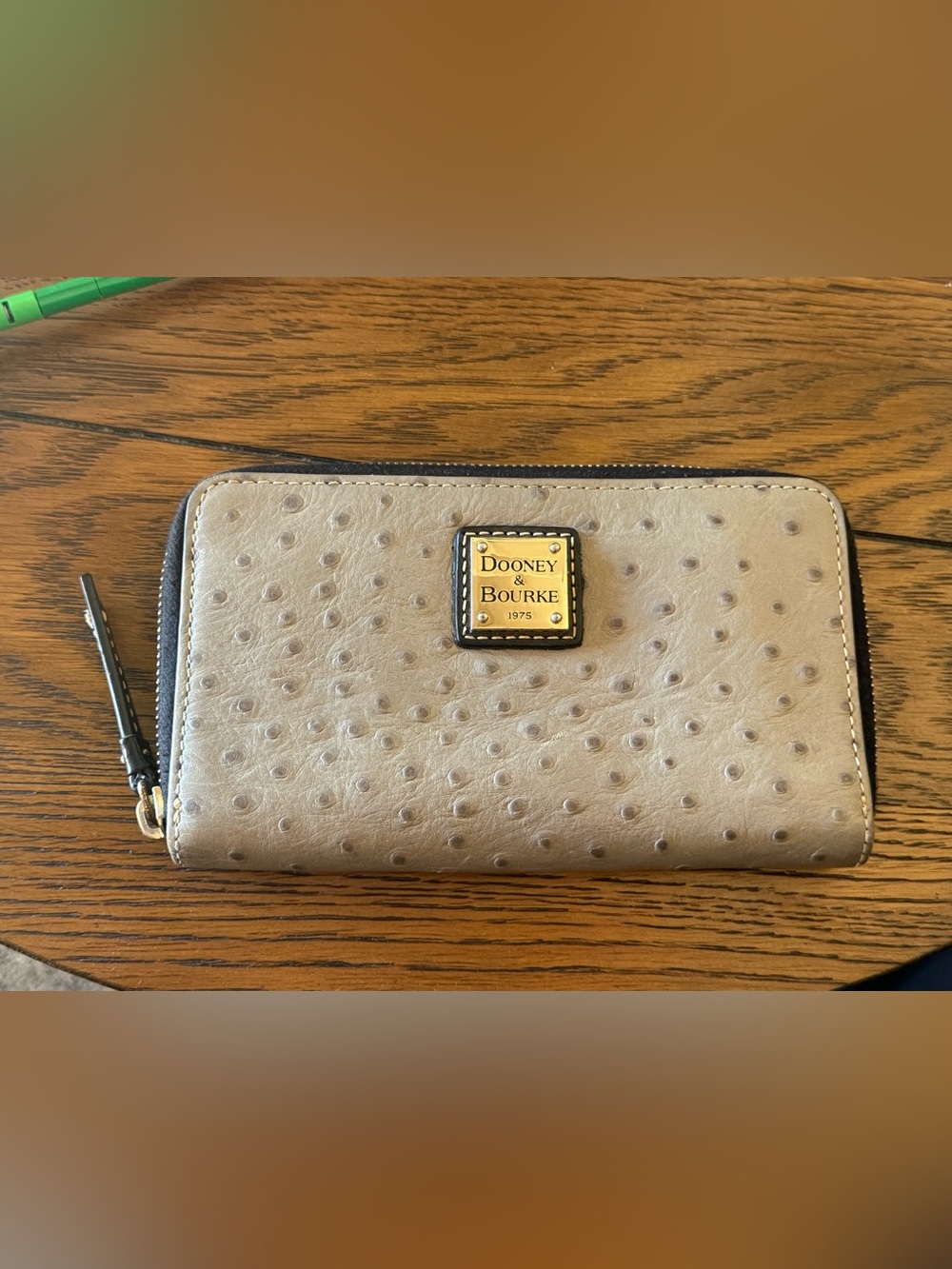 Dooney & Bourke Gray Ostrich-Embossed Zip Wallet with Gold Plaque